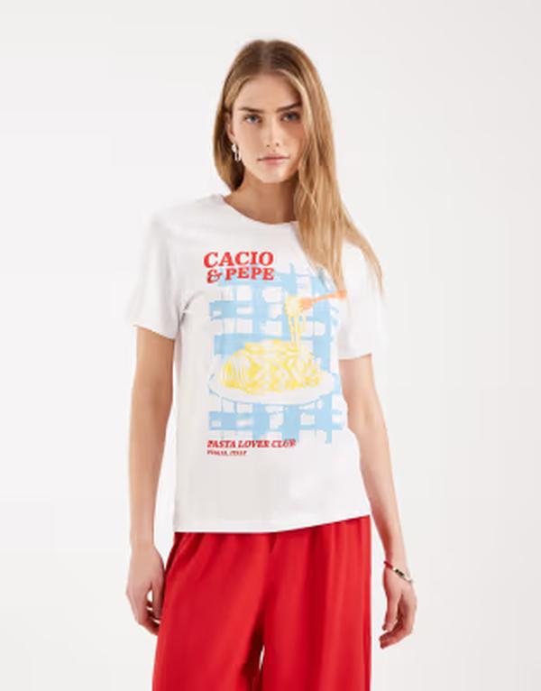 オンリー レディース トップス Tシャツ レギュラーフィット プリント ONLY regular fit-shirt with pasta print Bright White ホワイト｜ReVida 店