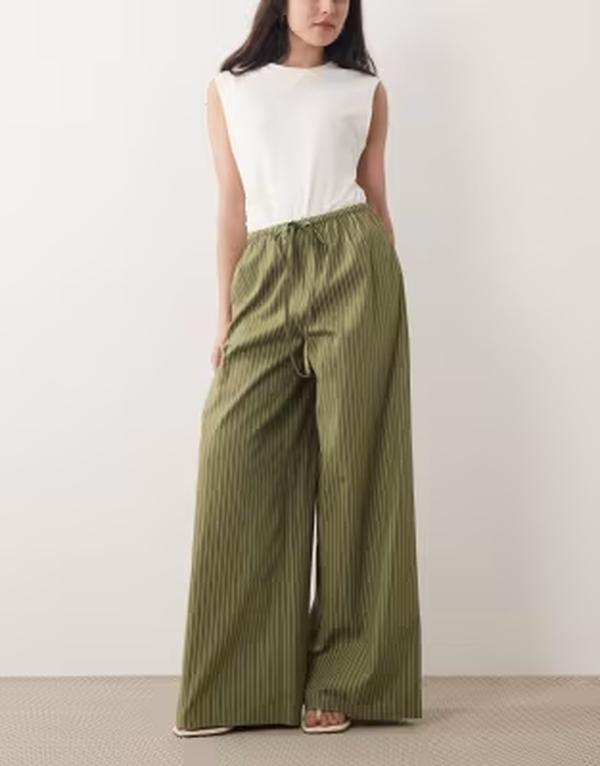 ウェンズデーガール レディース ボトムス 心地好いズボン下 ワイドレッグ Wednesday\u0027s Girl wide leg pinstripe pants Khaki カーキ