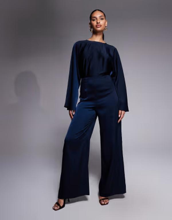エイソス レディース トップス 飛び降りる背広 繻子 ASOS DESIGN satin batwing bias waisted jumpsuit Navy 米国海軍