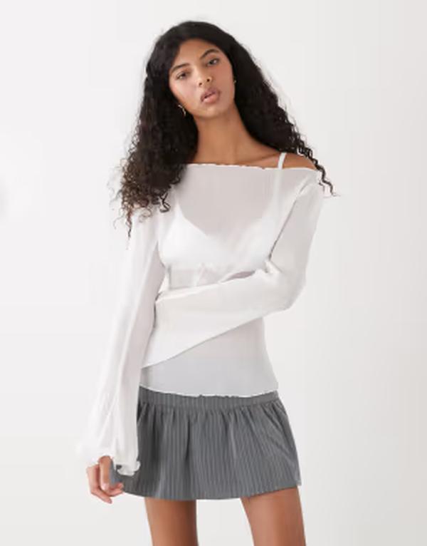 モンキ レディース トップス シャツ シアー Monki sheer floaty long sleeve top White ホワイト