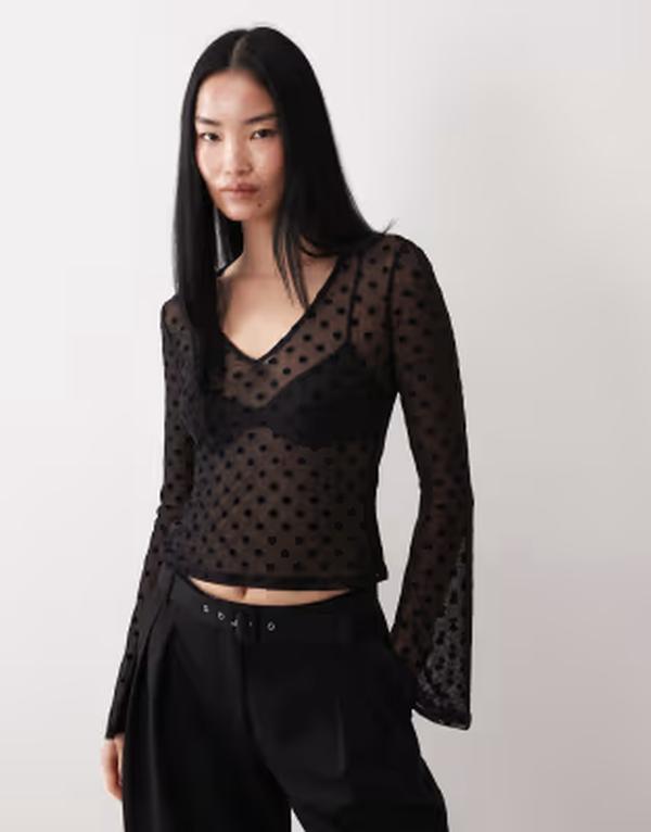 エイソス レディース トップス シャツ メッシュ シアー ASOS DESIGN sheer flock spot mesh long sleeve top Black Spot ブラック
