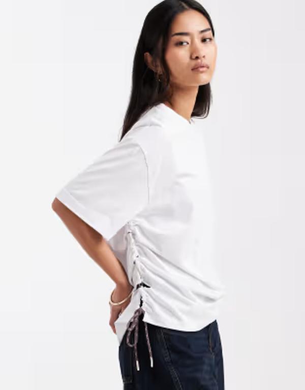 エイソス レディース トップス プルオーバー 引き分け科目 ASOS DESIGN short sleeve with tie detail top WHITE 白いこと