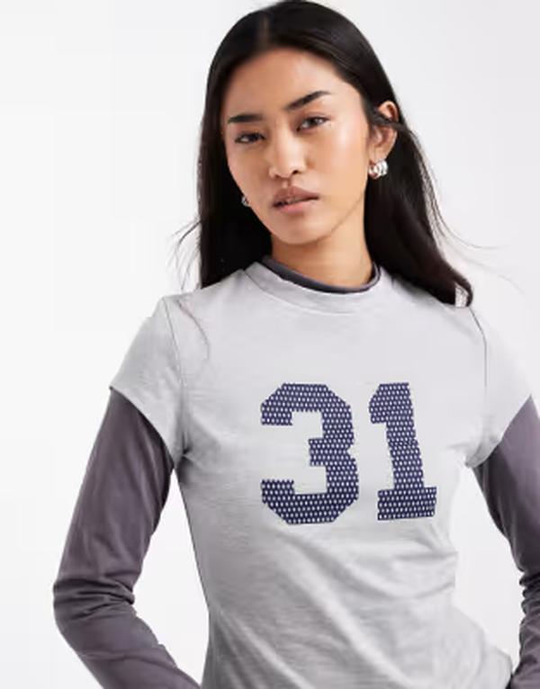 エイソス レディース トップス Tシャツ ドット柄 ドット グラフィック ASOS DESIGN double layer top with 31 polka dot graphic heather Gray Heather グレー
