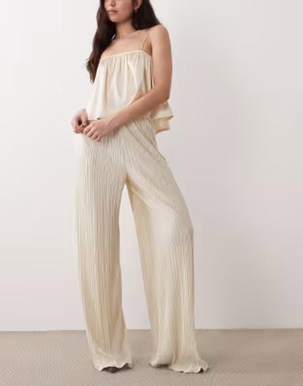 エイソス レディース ボトムス 心地好いズボン下 ワイドレッグ ASOS DESIGN plisse wide leg pants インチ cream - part of a set Ivory 象牙色