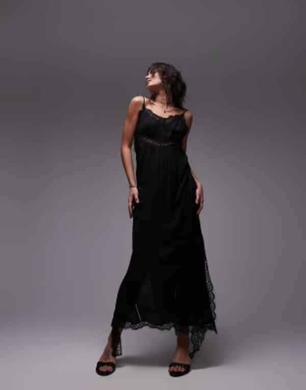 トップショップ レディース トップス ワンピース レーストリム ミディ レース Topshop lace trim black midi dress technical fabric black ブラック