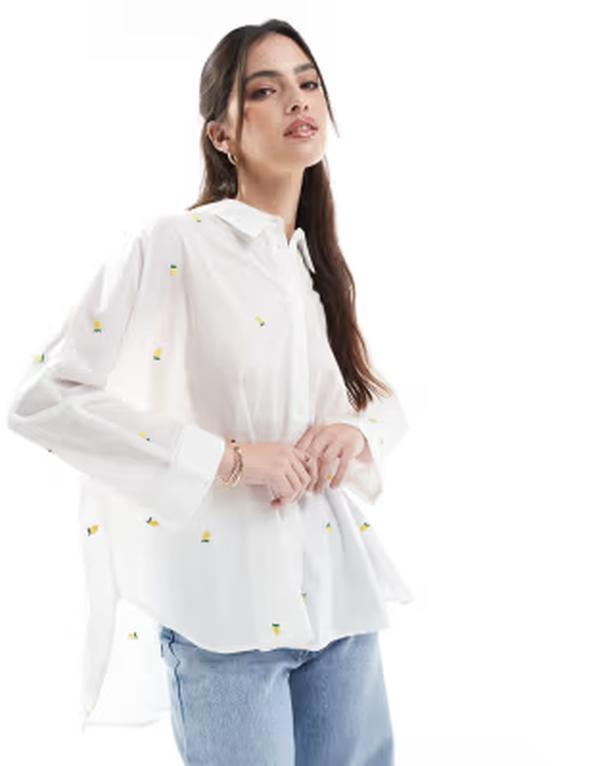 オンリー レディース トップス シャツ ONLY boxy shirt with lemon embroidery WHITE ホワイト