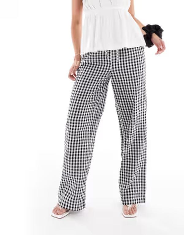 ピーシーズ レディース ボトムス カジュアルパンツ ワイドレッグ ハイウエスト ギンガムチェック プリント ギンガム Pieces high waist wide leg pants gingham print Black gingham ブラック