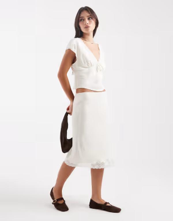 エイソス レディース 下つ方スコート スピード競技刈り込み midi 繻子 スピード競技 ASOS DESIGN lace trim satin MIDI skirt - part of a set IVORY 象牙色 ボトムス-スカート