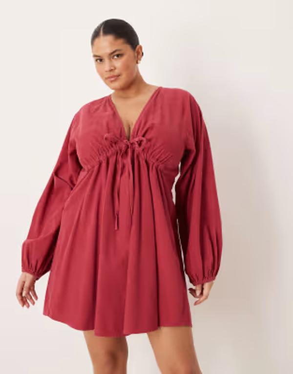 エイソス レディース トップス ワンピース Vネック ミニ ASOS Curve ASOS DESIGN Curve cord V-neck tie bust mini dress with volume sleeve in washed Burgundy バーガンディ