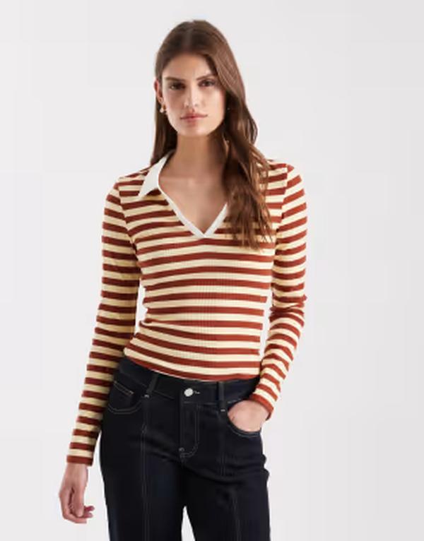 ミスセルフフリッジ レディース トップス ポロシャツ リブ Misselfridge stripe ribbed long sleeve polo top Rustripe ラスト