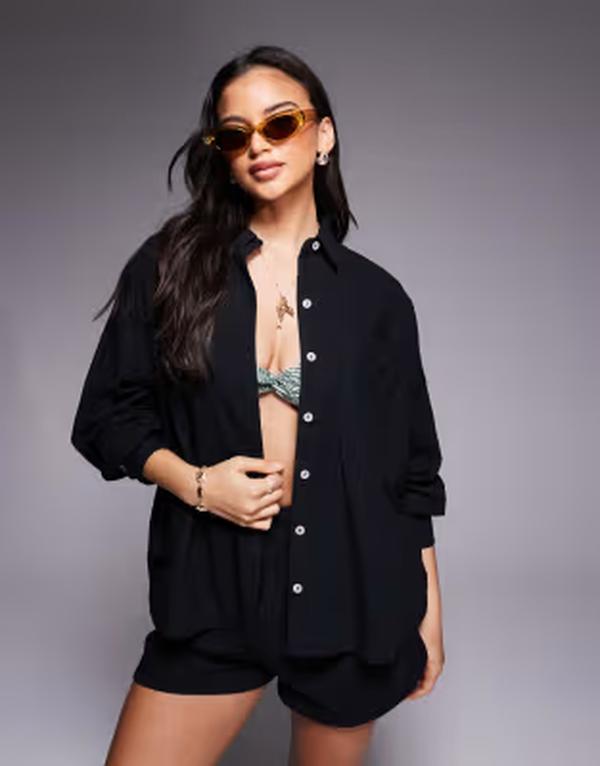 エイソス レディース トップス シャツ コットン ASOS DESIGN Biarritz beach textured cotton shirt - part of a set Black ブラック
