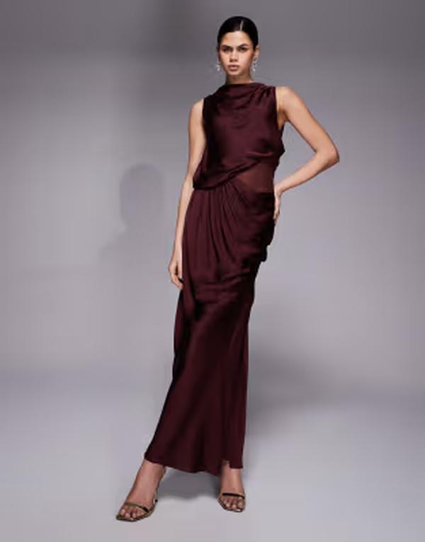 エイソス レディース トップス ワンピース アシンメトリー ハイネック ドレープ シアー サテン マキシ ASOS DESIGN draped high neck asymmetric satin bodice maxi dress with sheer panel in berry Mulberry