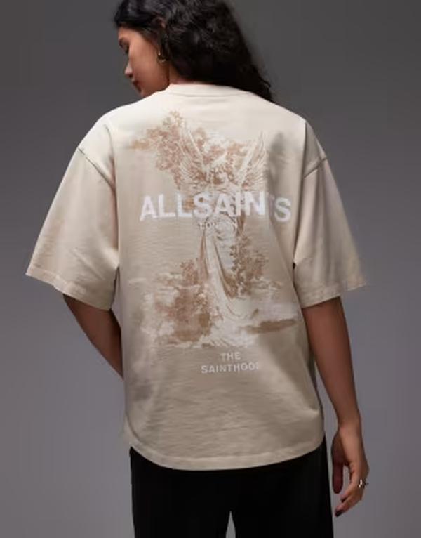 オールセインツ レディース トップス Tシャツ プリント ロゴ グラフィック AllSaints Guardian Amelie graphic logo T-shirt with back print BEIGE ベージュ|ReVida 店