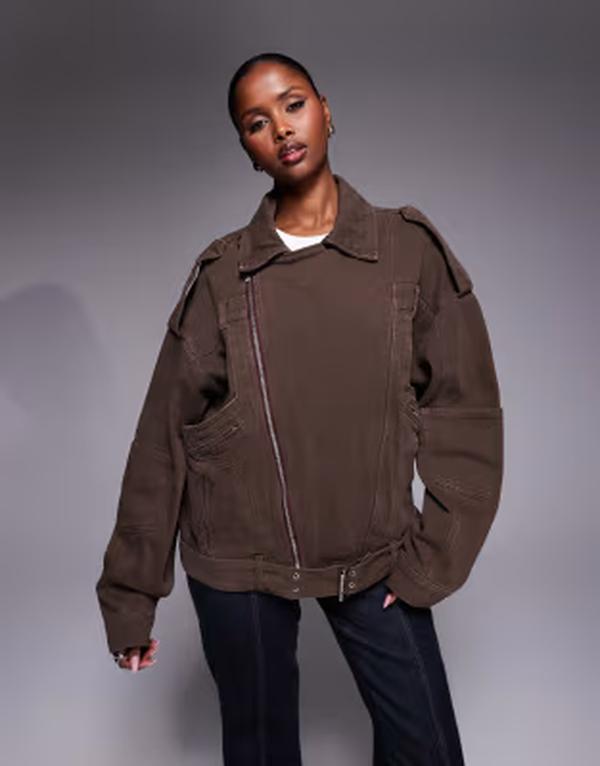 リキュールアンドポーカー レディース アウター ジャケット・ブルゾン Liquor N Poker moto jacket with zip up in chocolate BROWN ブラウン