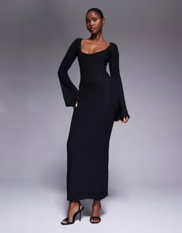エイソス レディース トップス 衣装 midi ASOS DESIGN super scoop MIDI dress with flute sleeves Black 黒いこと