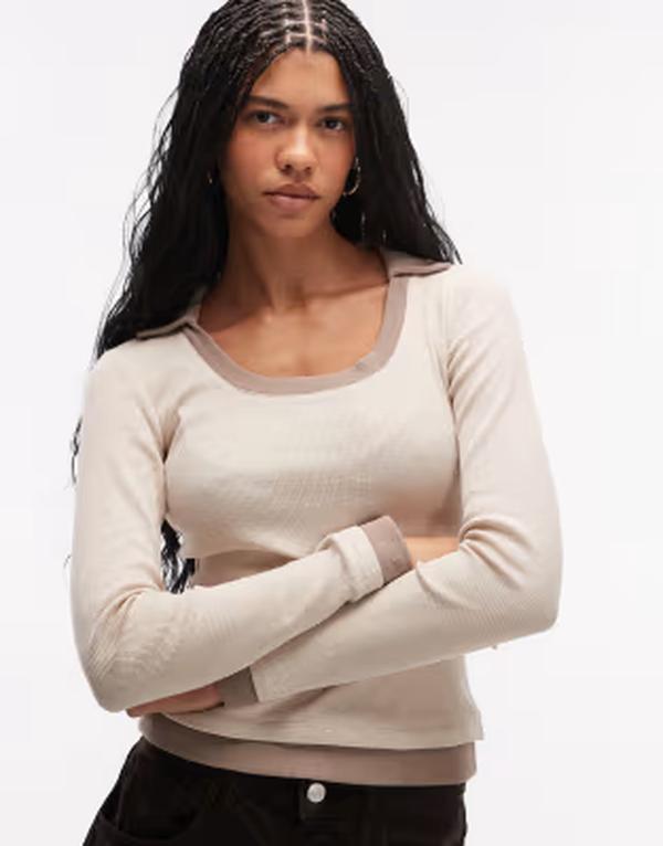 エイソス レディース トップス プルオーバー Vのど首 ASOS DESIGN long sleeve v-neck top with collar BEIGE ベージュ