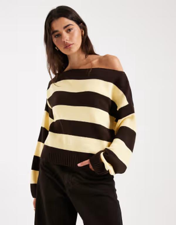エイソス レディース アウター 編み物・プルオーバー ASOS DESIGN knit one shoulder sweater インチ buttermilk stripes YELLOW / MOCHA 黄み レディースファッション-ニット・セーター