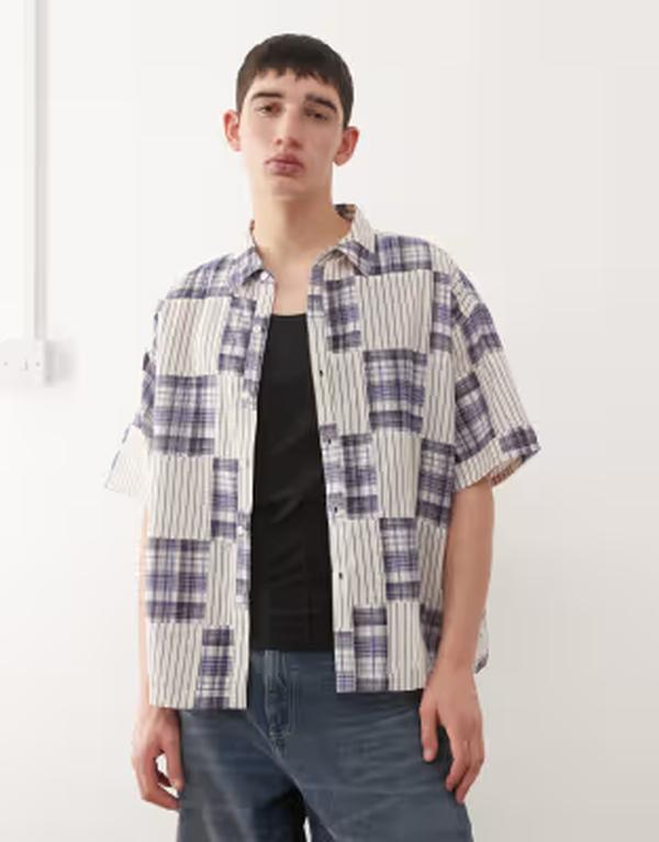 リクレイム ヴィンテージ メンズ トップス シャツ Reclaimed Vintage short sleeve boxy shirt with spliced stripes and plaid multi マルチカラー