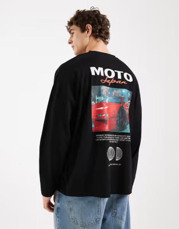 エイソス メンズ トップス Tシャツ プリント ASOS DESIGN oversized long sleeve T-shirt with motor back print Black ブラック