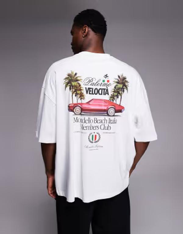 エイソス メンズ トップス Tシャツ グラフィック ASOS DESIGN oversized T-shirt with Italia car graphic WHITE ホワイト