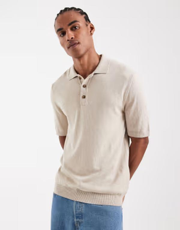 オンリーアンドサンズ メンズ トップス ポロシャツ ニット ONLY & SONS knit short sleeve polo shirt in stone Oatmeal オートミール｜ReVida 店