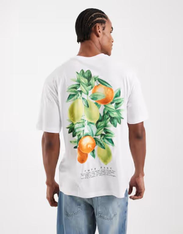 オンリーアンドサンズ メンズ トップス Tシャツ プリント ONLY & SONS oversized t-shirt with fruit back print Bright White ホワイト