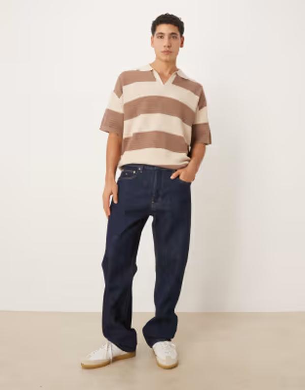 エイソス メンズ トップス ポロシャツ ニット ASOS DESIGN relaxed knit notch neck polo in stone and ecru stripe Stone / ecru エクリュ｜ReVida 店