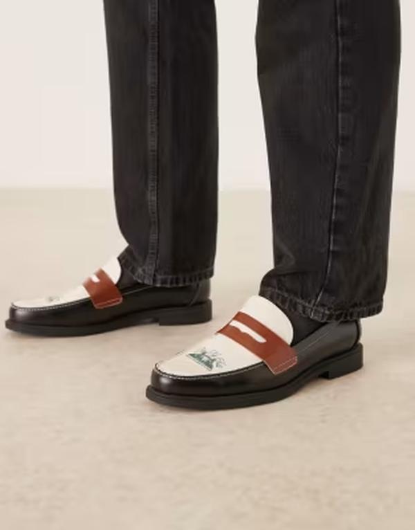 エイソス メンズ シューズ スリッポン・ローファー グラフィック ASOS DESIGN three tone penny loafers with text graphic Black & off white オフホワイト