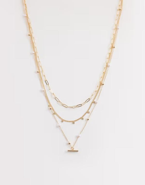エイソス レディース アクセサリー ネックレス・チョーカー・ペンダントトップ レース ASOS DESIGN multi-row necklace with faux pearls and t-bar detail tone GOLD ゴールド