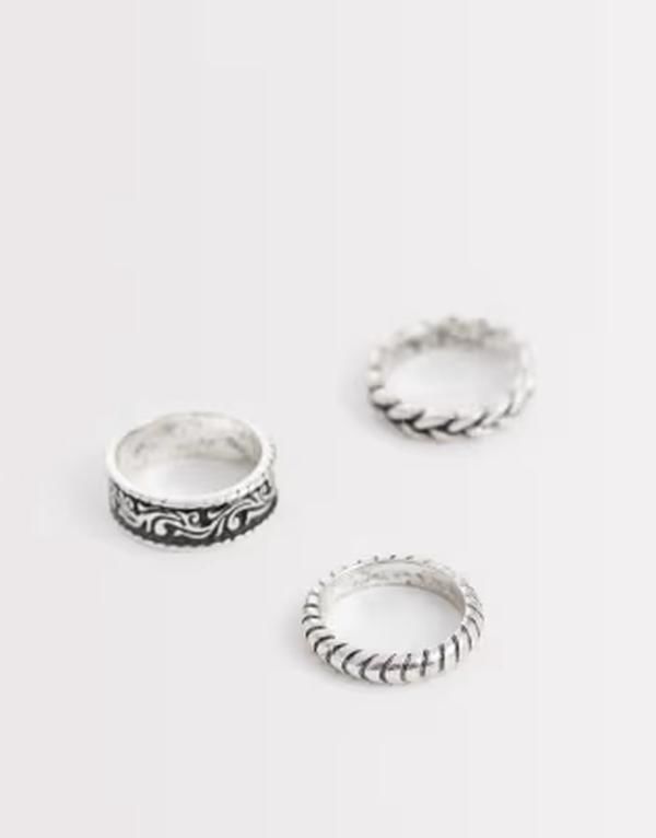 エイソス メンズ 佩び物 輪っか ASOS DESIGN 3 pack textured and patterned band rings tone SILVER しろがね色
