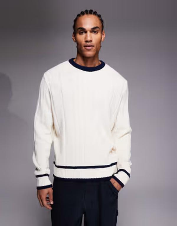 エイソス メンズ アウター ニット・セーター リブニット ASOS DESIGN oversized wide rib knit sweater with navy tipping in ecru エクリュ