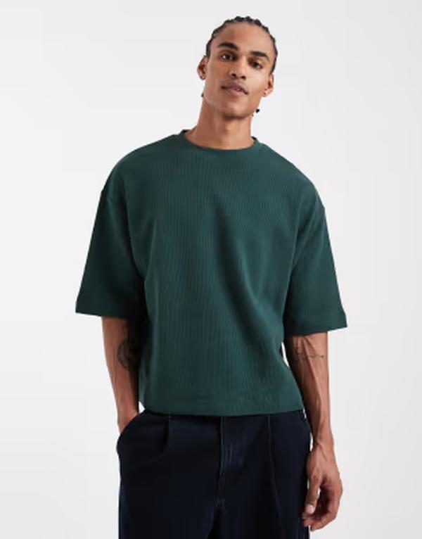 エイソス メンズ トップス Tシャツ ニット ASOS DESIGN oversized boxy t-shirt withalf sleeves in dark green waffle knit Darkest spruce グリーン