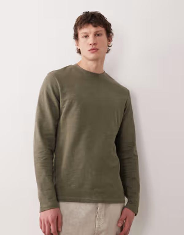 エイソス メンズ トップス Tシャツ クルーネック ASOS DESIGN crew neck long sleeve T-shirt slub texture Dusty olive オリーブ