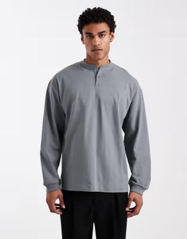エイソス メンズ トップス Tシャツ ヘンリーネック ASOS DESIGN heavyweight oversized long sleeve T-shirt withenley neck in charcoal Sedona sage セージ