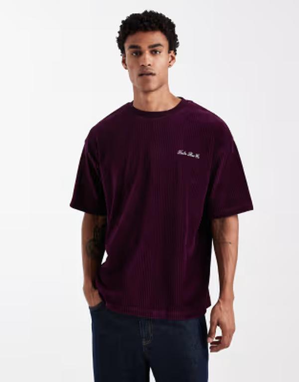 エイソス メンズ トップス Tシャツ ASOS DESIGN heavyweight oversized T-shirt with chest embroidery in textured Burgundy バーガンディ