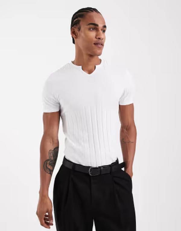 エイソス メンズ トップス Tシャツ ASOS DESIGN muscle fit-shirt with notch neck wide rib WHITE ホワイト