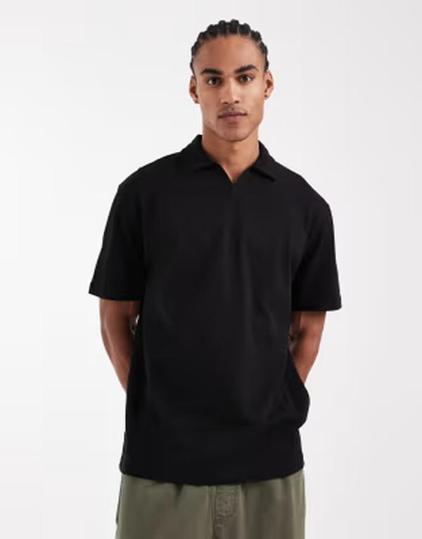 エイソス メンズ トップス スポーツシャツ ASOS DESIGN heavyweight relaxed revere polo Black 黒いこと