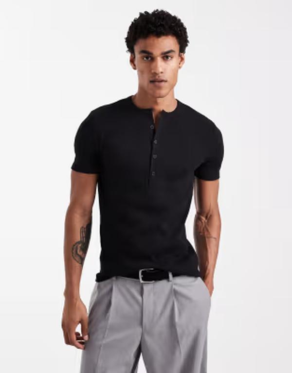 エイソス メンズ トップス Tシャツ ヘンリーネック ASOS DESIGN muscle T-shirt withenley neck riblack ブラック