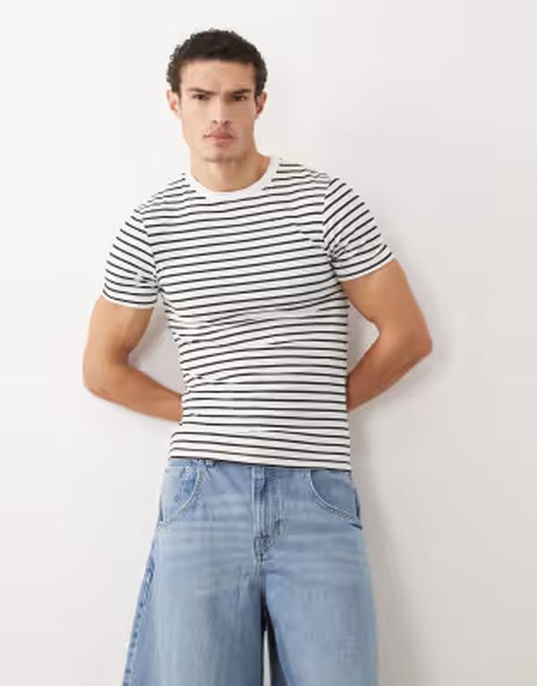 エイソス メンズ トップス Tシャツ ASOS DESIGN heavyweight muscle fit-shirt stripes Black stripe ブラック