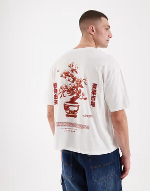エイソス メンズ トップス Tシャツ グラフィック ASOS DESIGN boxy oversized T-shirt with bonsai graphic WHITE ホワイト