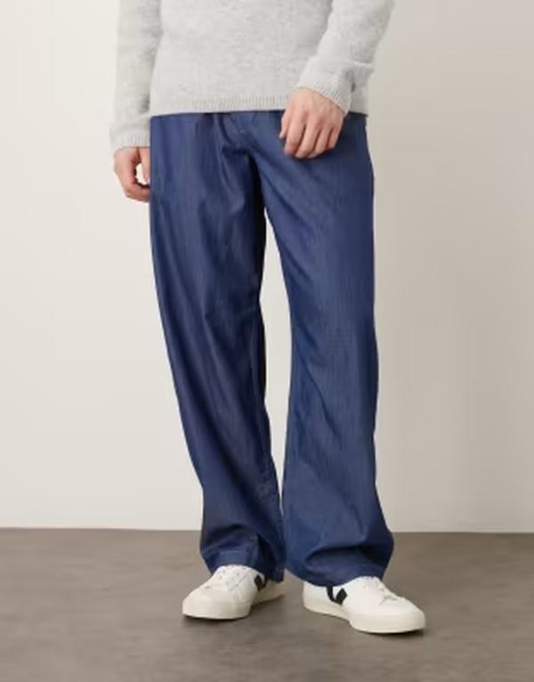 エイソス メンズ ボトムス カジュアルパンツ ASOS DESIGN loose straight fit pants in chambray BLUE ブルーズボン・パンツ