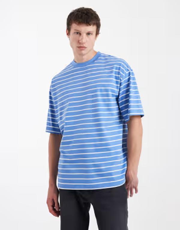 エイソス メンズ トップス ティーシャツ ASOS DESIGN oversized t-shirt and off white stripes BLUE \u0026 COCONUT MILK 青色 Tシャツ・カットソー-トップス-メンズファッション