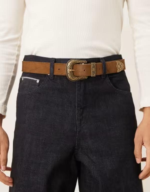 エイソス メンズ 付属品 胴締め ASOS DESIGN cowhide belt with western buckle BROWN 赤銅色