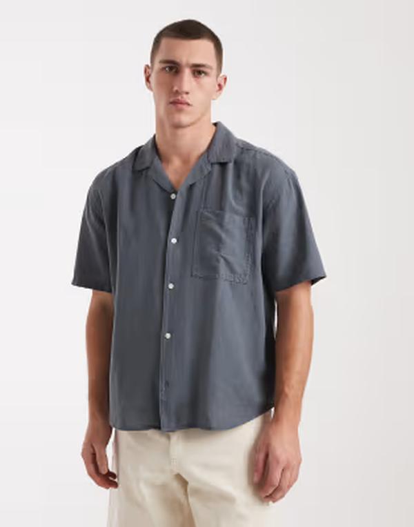 オンリーアンドサンズ メンズ トップス シャツ リネン ONLY & SONS linen mix relaxed resort shirt Stormy weather グレー
