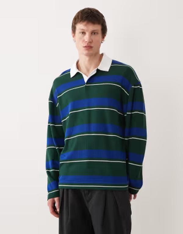 エイソス メンズ トップス ポロシャツ ASOS DESIGN heavyweight oversized long sleeve rugby polo stripe Navy stripe ネイビー