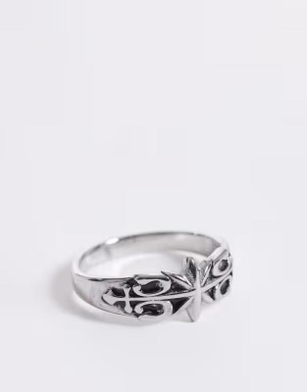 エイソス メンズ 佩び物 輪っか プルオーバー ASOS DESIGN waterproof stainlessteel star and pattern ring SILVER しろがね色
