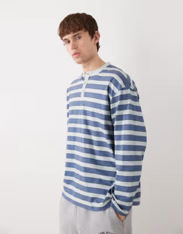 リクレイム ヴィンテージ メンズ トップス プルオーバー Reclaimed Vintage long sleeve henley top stripe Blue stripe 青色