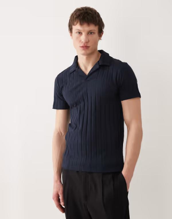 エイソス メンズ トップス Tシャツ リブニット ポロシャツ ニット ASOS DESIGN slim camp collar polo shirt wide rib knit Sky captain ネイビー