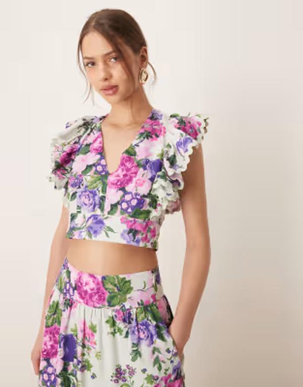 ホープ＆アイビー レディース トップス シャツ フラワー柄 フリル クロップド フラワー Hope & Ivy ruffle sleeve tie back cropped top in multi floral - part of a set Purple multi パープル