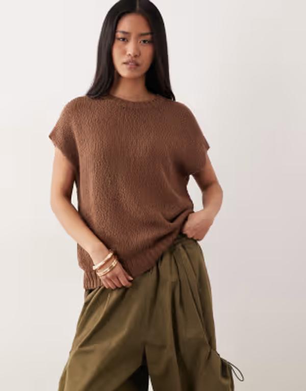エイソス レディース トップス 貯蔵タンクいの一番 労働者の一団のど首 ノースリーブ ASOS DESIGN crew neck slub sleeveless top インチ chocolate 黒茶 レディースファッション-タンクトップ-トップス